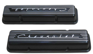 10430H-BK | PML Cover Valve Covers Chevy Small Block, 265, 283, 327, 350 & 400 Engines, CHEVROLET Script & Fins | Black Powder Coat Finish, With Machined Holes