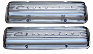 10430H-P | PML Cover Valve Covers Chevy Small Block, 265, 283, 327, 350 & 400 Engines, CHEVROLET Script & Fins | Polish Finish, With Machined Holes