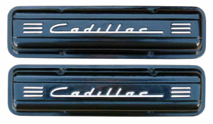 11107H-BK | PML Cover Valve Covers Chevy Small Block, 265, 283, 327, 350 & 400 Engines, CADILLAC Script & Fins | Black Powder Coat Finish, With Machined Holes