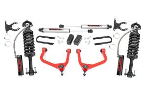 28857RED_A | Rough Country 3.5 Inch Lift Kit GMC Sierra 1500 2WD/4WD | Red Finish Control Arm, Factory Rear Mono-Leaf Spring, Vertex Coilovers With V2 Rear Shocks