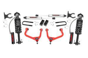 28257RED_A | Rough Country 3.5 Inch Lift Kit For Chevrolet Silverado 1500 2WD/4WD | Red Finish Control Arm, Factory Rear Mono Leaf Spring, Vertex Coilovers With V2 Rear Shocks