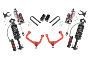 28250RED_A | Rough Country 3.5 Inch Lift Kit For Chevrolet Silverado 1500 2WD/4WD | Red Finish Control Arm, Factory Rear Mono Leaf Spring, Vertex Coilovers With Vertex Shocks