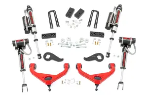 95850RED | Rough Country 3 Inch Lift Kit For Silverado, Sierra 2500 HD & 3500 HD | Red Finish Arms, No Factory Rear Overload Springs, Vertex Reservoir Shocks
