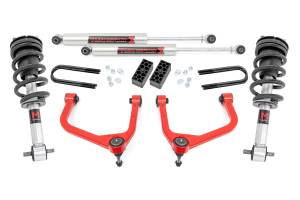 28240RED_A | Rough Country 3.5 Inch Lift Kit For Chevrolet Silverado 1500 2WD/4WD | Red Finish Control Arm, Factory Rear Mono Leaf Spring, M1 Struts With M1 Rear Shocks