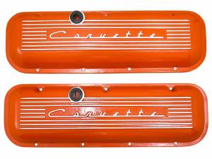 PML Covers - 9096-2P-OR | PML Cover Valve Covers, Corvette Script, Standard For Chevrolet Big Block 396, 427, 454 and 502 Engines | Orange Powder Coat Finish - Image 1